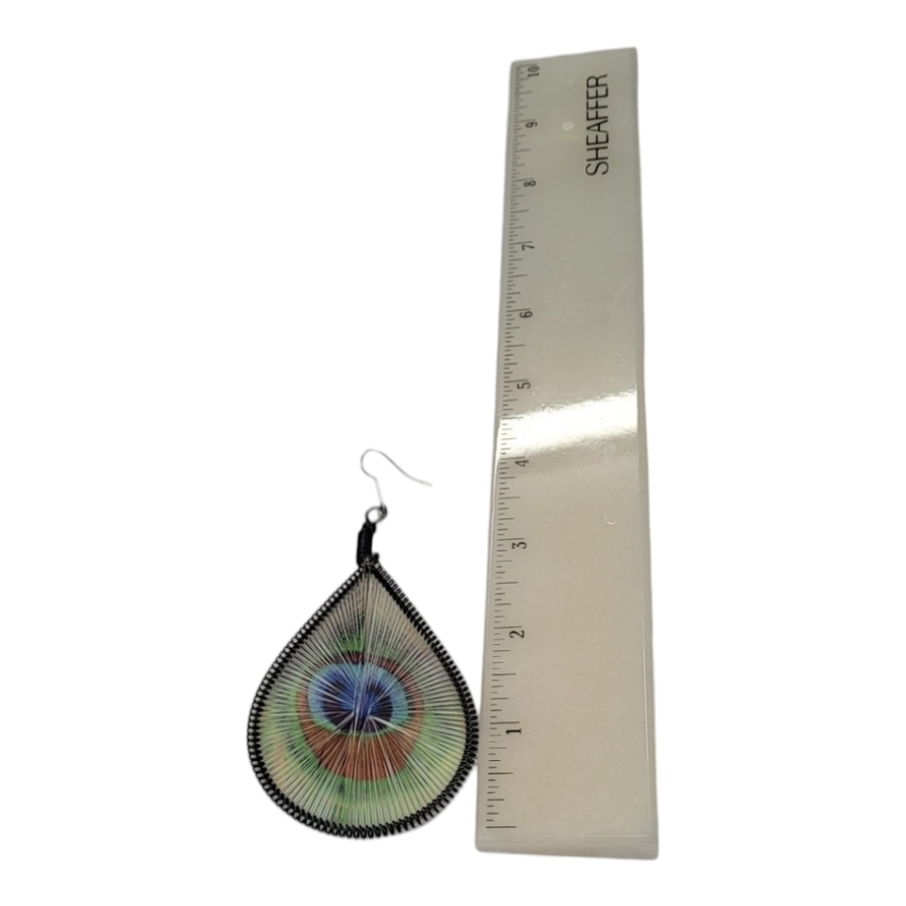 Green Blue Woven Teardrop Peacock Earrings - Picture 3 of 4
